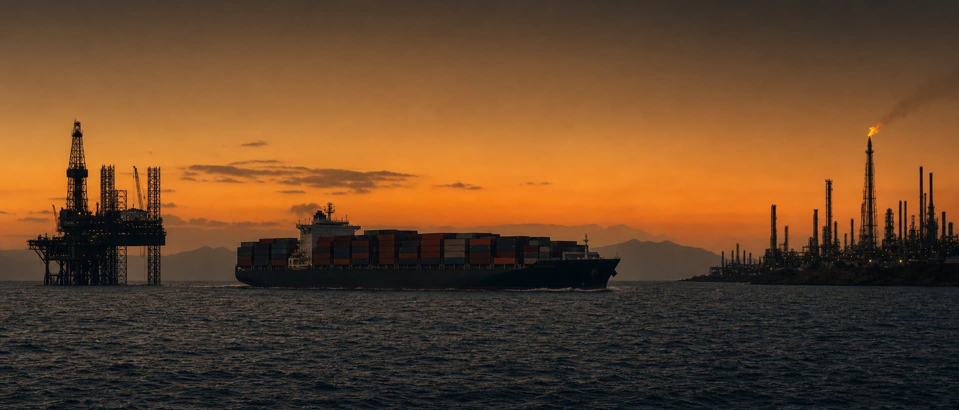 Container cargo ship moving past an offshore oil rig and a refinery flare stack at sunset over the Eastern Mediterranean