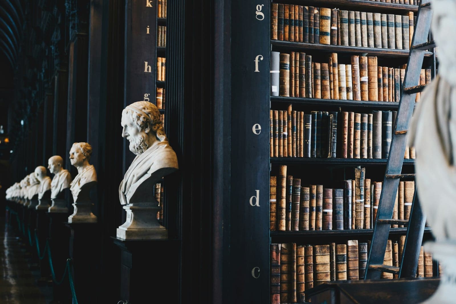 Picture of a corridor with a line of busts and a library full of old books